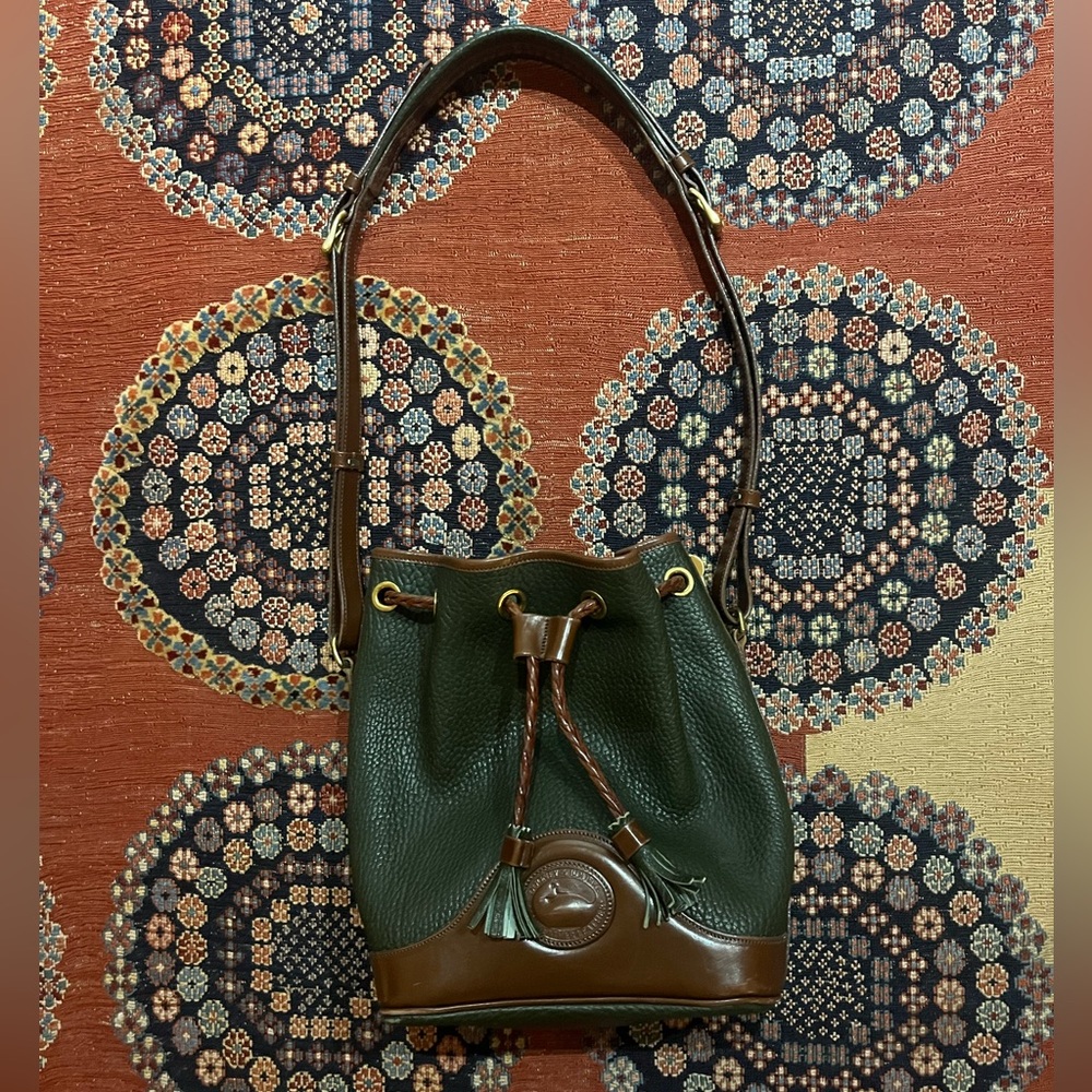 Dooney & Burke Dark Green & Brown Leather Drawstring Tassel Crossbody Bag